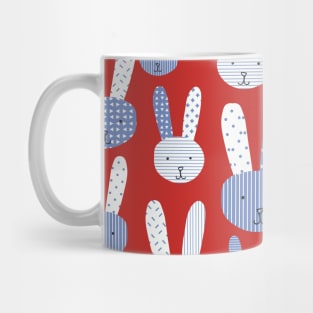 Bunnies blue and white on a red background. Collage bunnies. Doodle bunny. Blue rabbit. Cute babies and children's fabric Mug